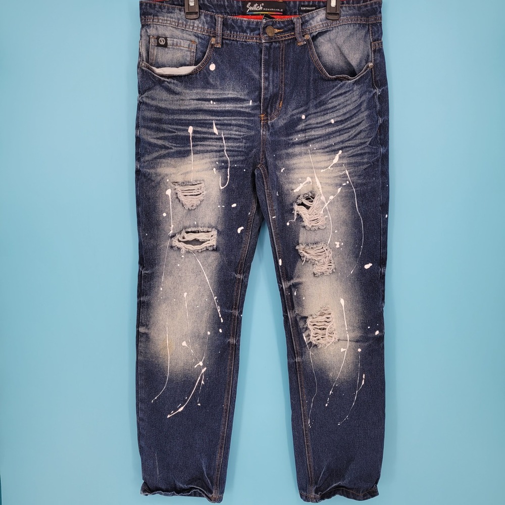 Switch Remarkable Slim Taper Fit MensDistressed Paint Splatter Jeans streetwear